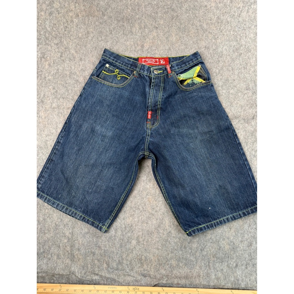 LRG Mens Baggy Denim Shorts Blue Dark Wash Jamaican Flag Volcano Y2K Size 32